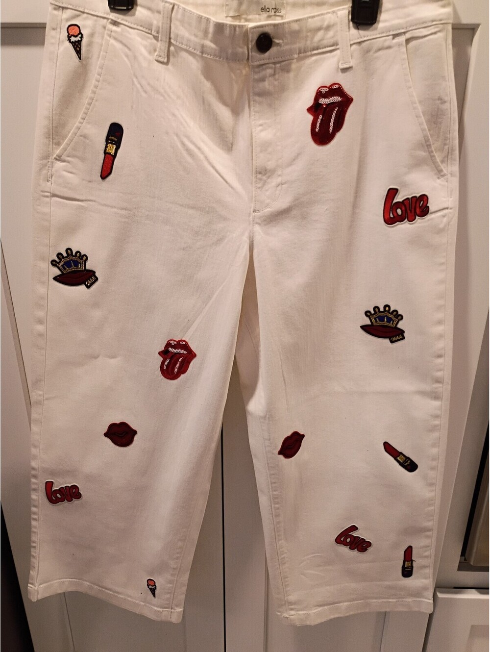 Ella Moss White Pants with Fun Lips and Love Patches, Size 14